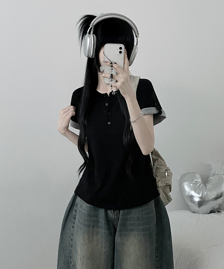 헨리넥단추소매롤업배색레이어드박스핏반팔티 블랙