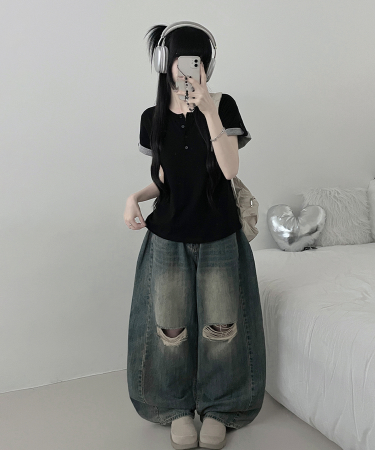헨리넥단추소매롤업배색레이어드박스핏반팔티 블랙