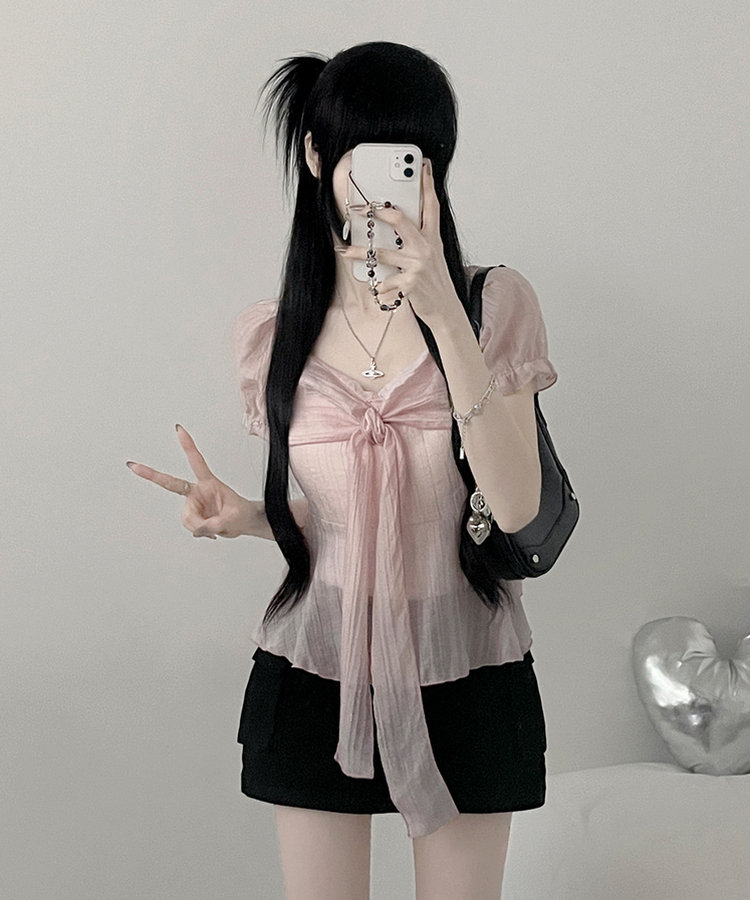 세럼쉬폰스퀘어리본스트랩프릴퍼프블라우스 핑크