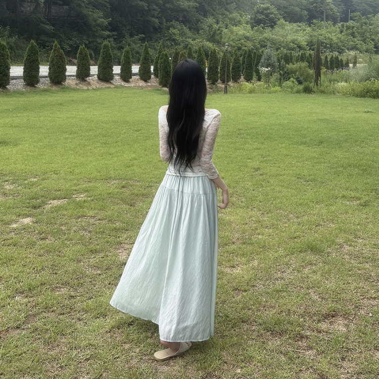 민트코어 여리여리 플레어 셔링 리본 스트링 밴딩 맥시 롱스커트 민트