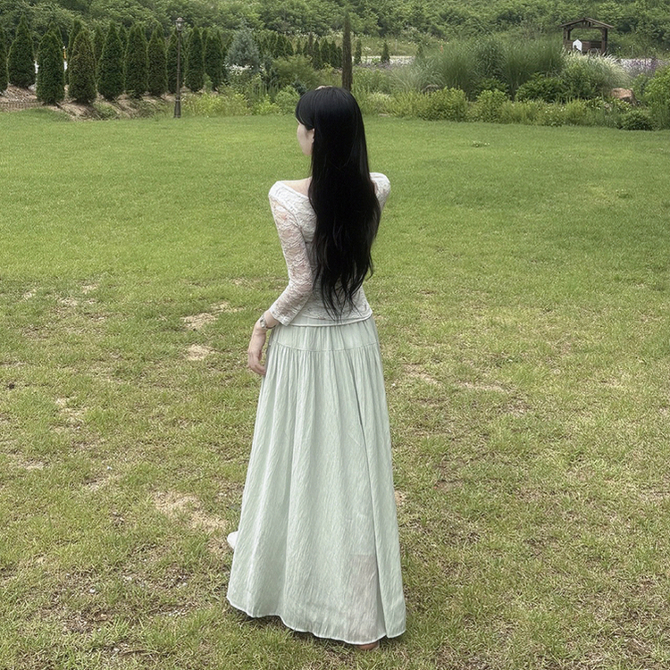 민트코어 여리여리 플레어 셔링 리본 스트링 밴딩 맥시 롱스커트 민트