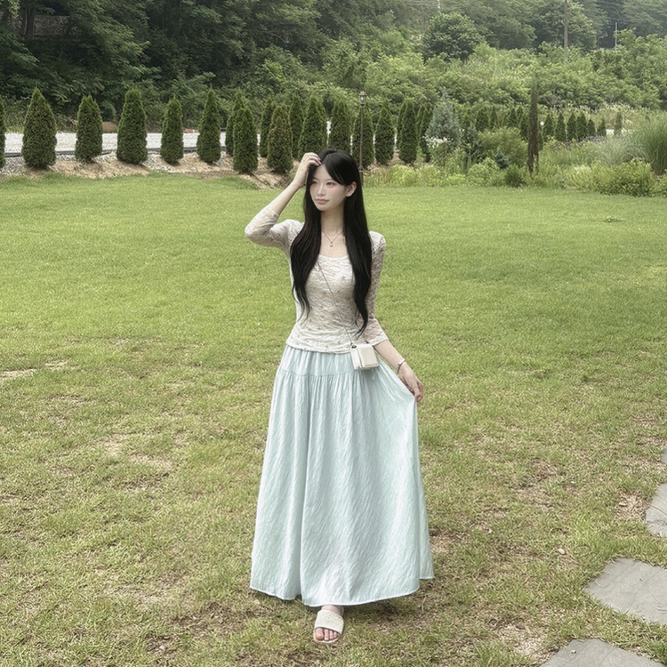 민트코어 여리여리 플레어 셔링 리본 스트링 밴딩 맥시 롱스커트 민트