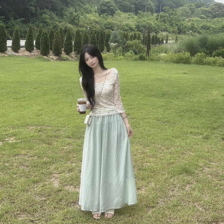민트코어 여리여리 플레어 셔링 리본 스트링 밴딩 맥시 롱스커트 민트