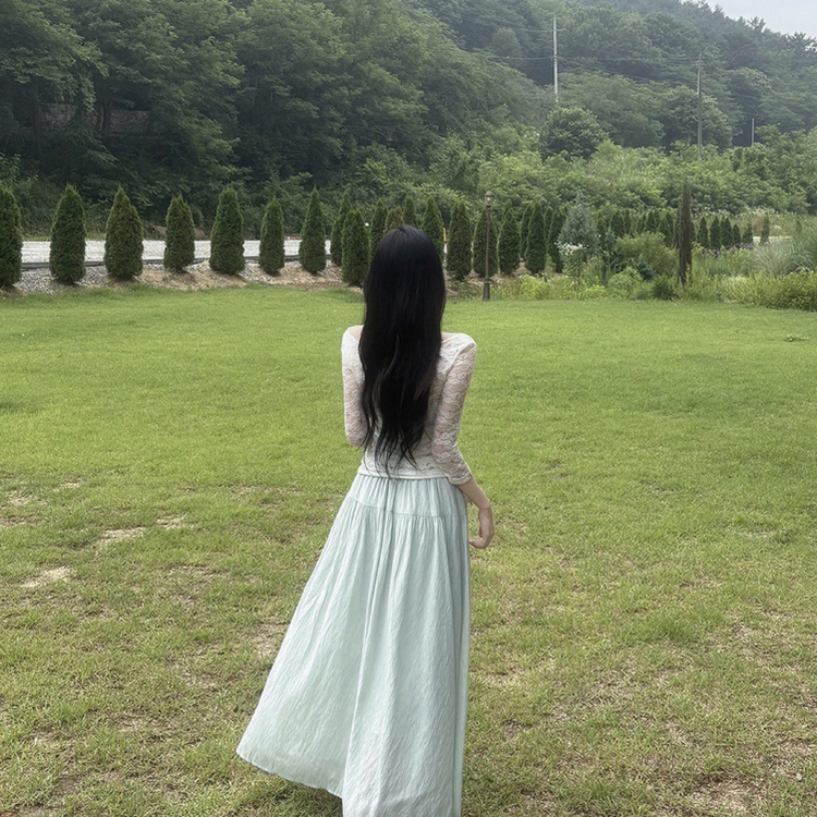 플라워 레이스 시스루 7부 슬림핏 보트넥 긴팔티셔츠 블라우스 베이지