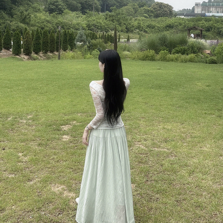 플라워 레이스 시스루 7부 슬림핏 보트넥 긴팔티셔츠 블라우스 베이지