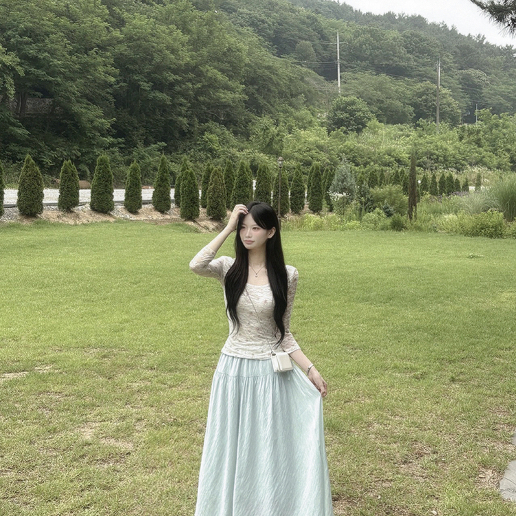 플라워 레이스 시스루 7부 슬림핏 보트넥 긴팔티셔츠 블라우스 베이지