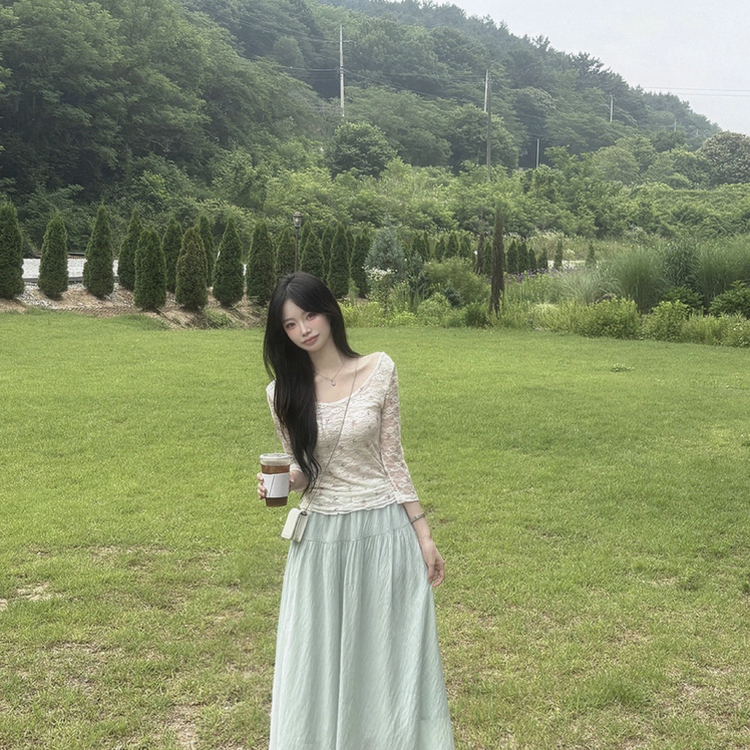 플라워 레이스 시스루 7부 슬림핏 보트넥 긴팔티셔츠 블라우스 베이지