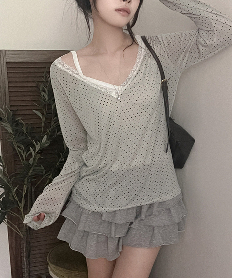 릴리 도트 레이스 브이넥 여리핏 긴팔 티셔츠 그레이