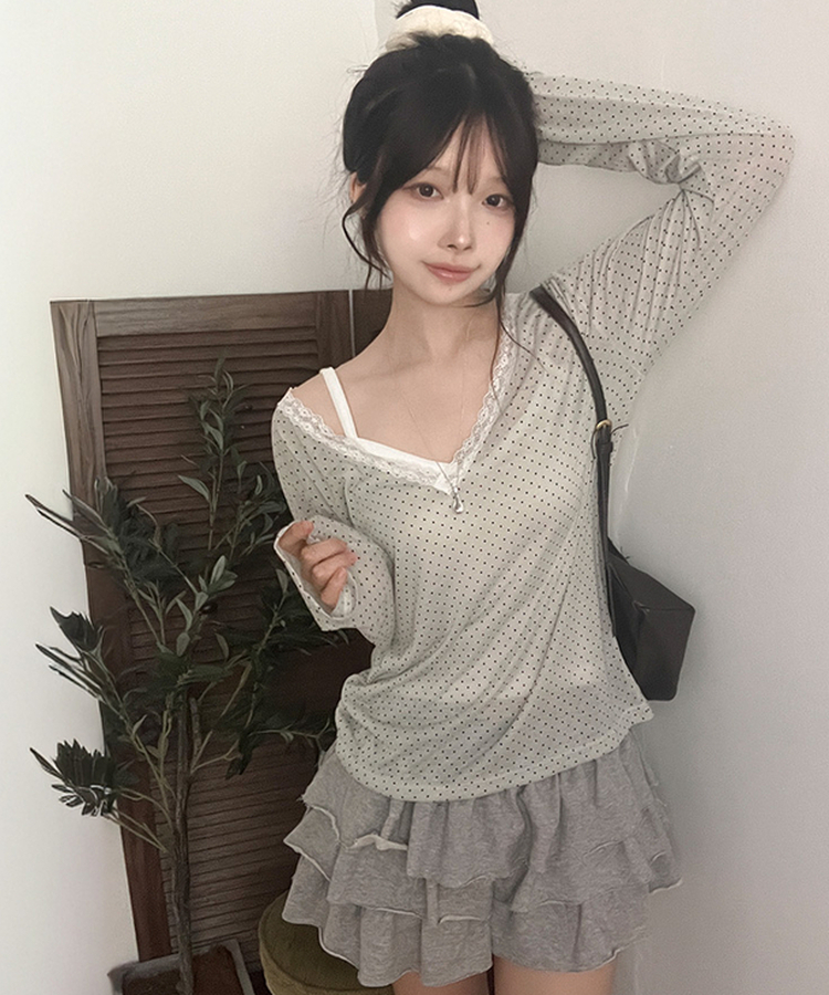 릴리 도트 레이스 브이넥 여리핏 긴팔 티셔츠 그레이