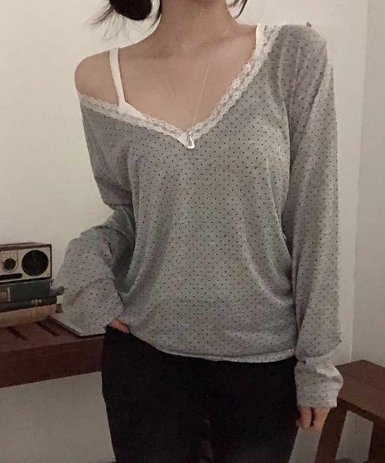 릴리 도트 레이스 브이넥 여리핏 긴팔 티셔츠 그레이