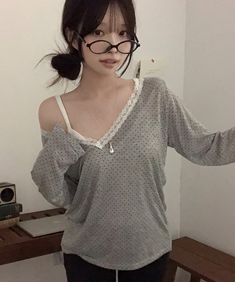 릴리 도트 레이스 브이넥 여리핏 긴팔 티셔츠 그레이