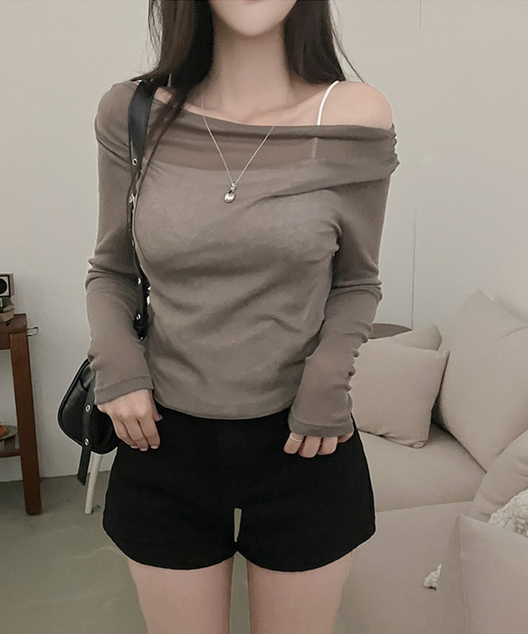 소나 시스루 여리핏 오프숄더 긴팔 티셔츠 카키