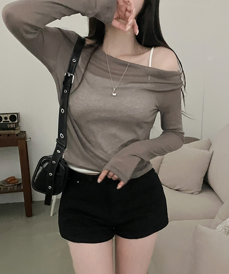 소나 시스루 여리핏 오프숄더 긴팔 티셔츠 카키