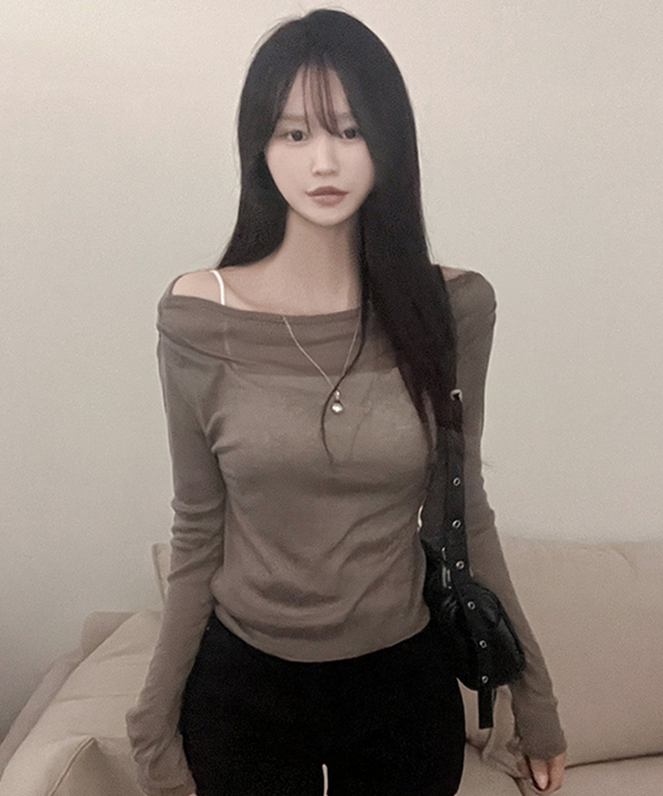 소나 시스루 여리핏 오프숄더 긴팔 티셔츠 카키
