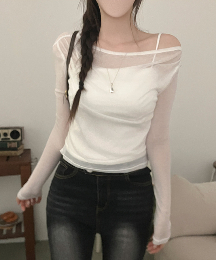 소나 시스루 여리핏 오프숄더 긴팔 티셔츠 아이보리
