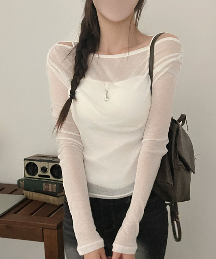 소나 시스루 여리핏 오프숄더 긴팔 티셔츠 아이보리