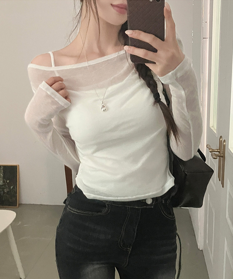 소나 시스루 여리핏 오프숄더 긴팔 티셔츠 아이보리
