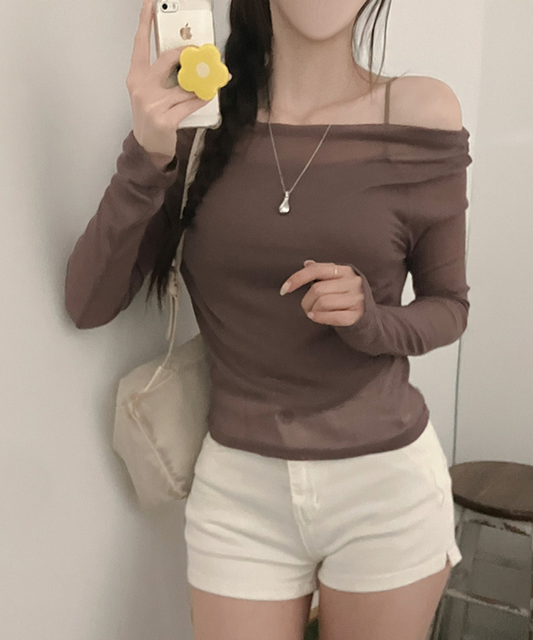 소나 시스루 여리핏 오프숄더 긴팔 티셔츠 브라운