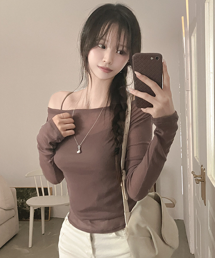 소나 시스루 여리핏 오프숄더 긴팔 티셔츠 브라운