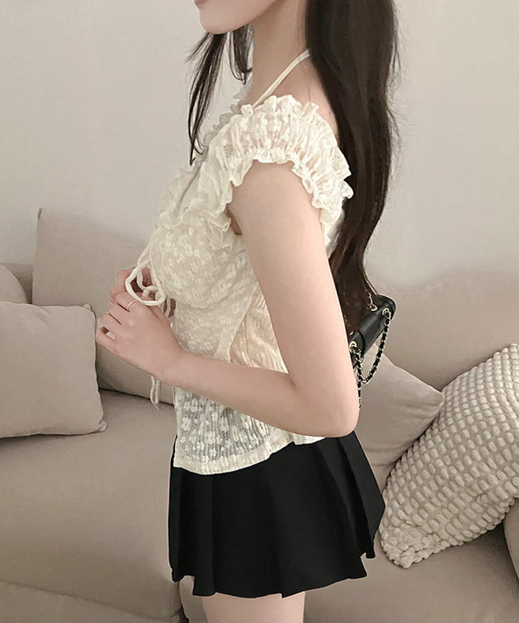 카멜리아 플라워 레이스 홀터 나시 가디건 레이어드 세트 베이지