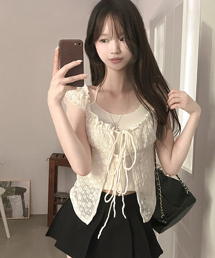 카멜리아 플라워 레이스 홀터 나시 가디건 레이어드 세트 베이지