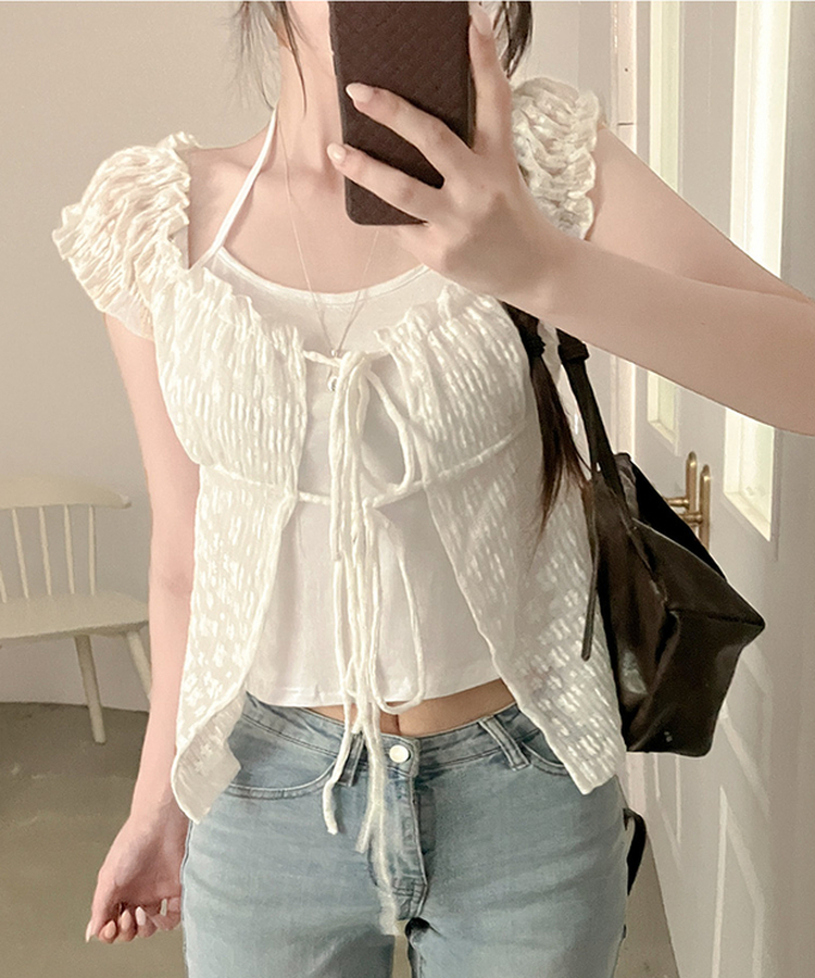 카멜리아 플라워 레이스 홀터 나시 가디건 레이어드 세트 아이보리