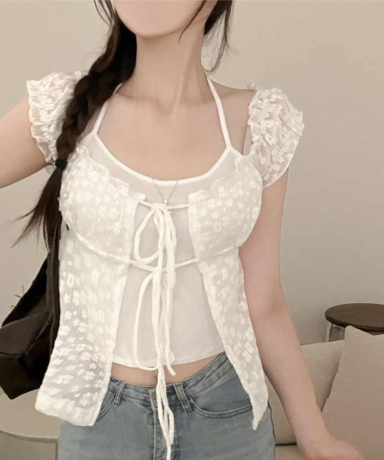 카멜리아 플라워 레이스 홀터 나시 가디건 레이어드 세트 아이보리