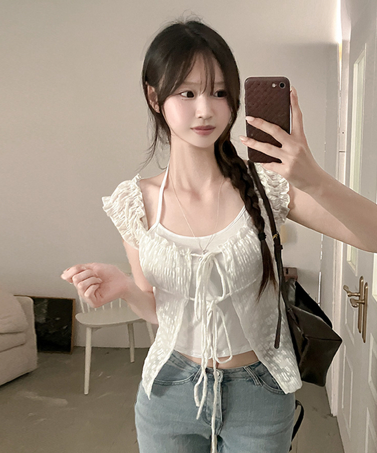 카멜리아 플라워 레이스 홀터 나시 가디건 레이어드 세트 아이보리