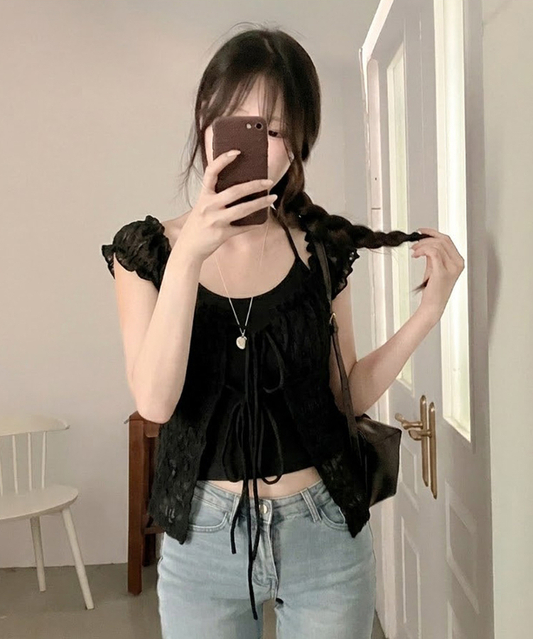 카멜리아 플라워 레이스 홀터 나시 가디건 레이어드 세트 블랙
