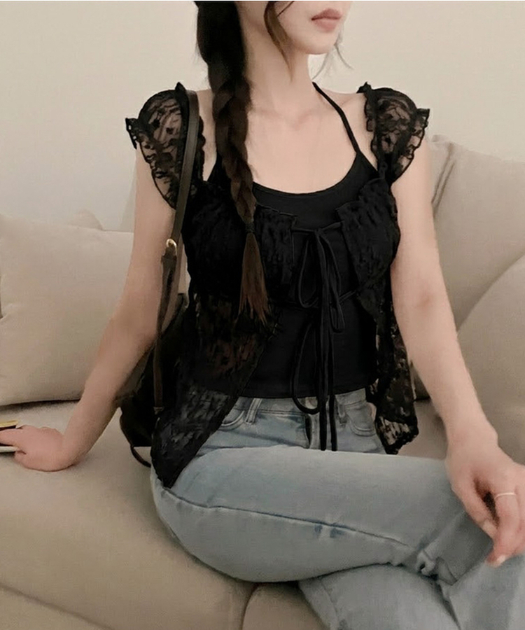 카멜리아 플라워 레이스 홀터 나시 가디건 레이어드 세트 블랙
