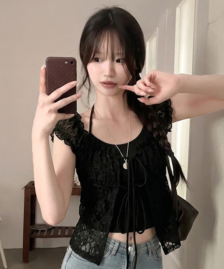 카멜리아 플라워 레이스 홀터 나시 가디건 레이어드 세트 블랙