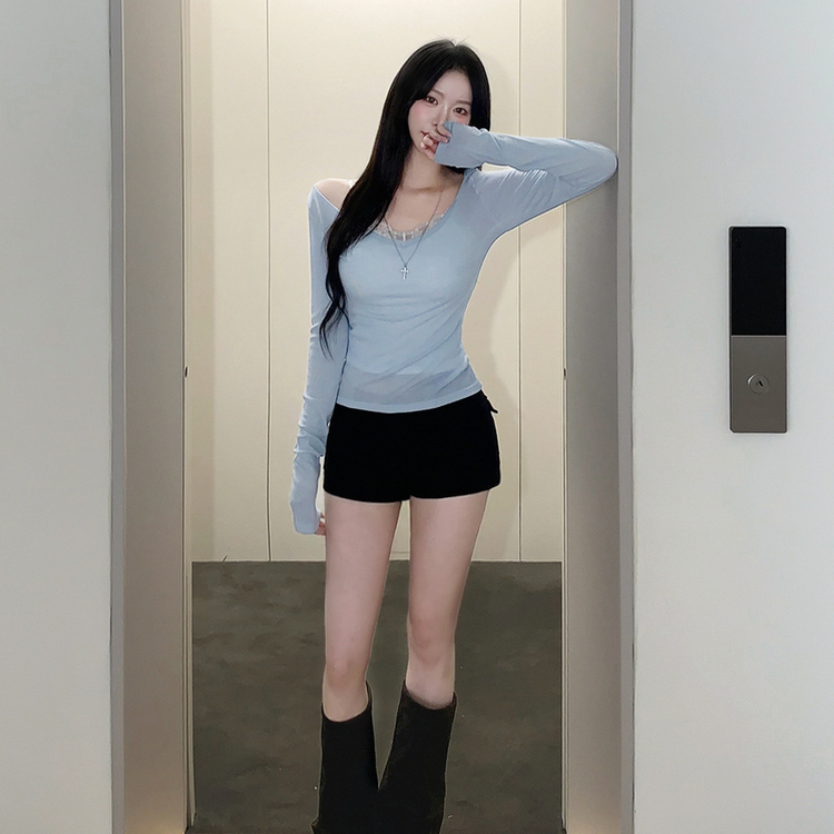 시스루 딥브이넥 슬림핏 여름 긴팔티셔츠 장마룩 햇빛차단 휴양지 바닷가룩 커버업 소라