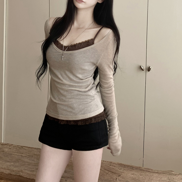 시스루 딥브이넥 슬림핏 여름 긴팔티셔츠 장마룩 햇빛차단 휴양지 바닷가룩 커버업 오트베이지