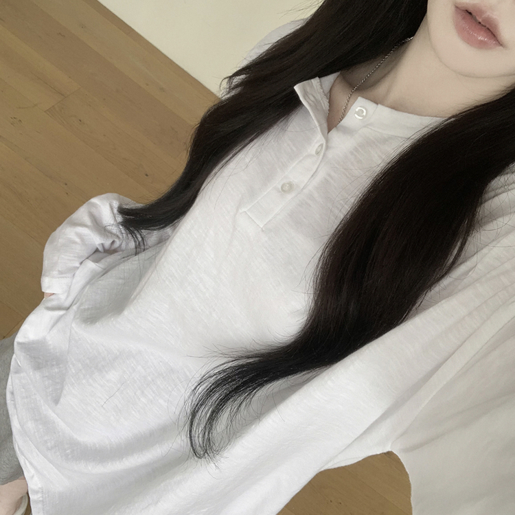 슬라브 헨리넥 시스루 라운드 버튼 단추티셔츠 빅사이즈 여름긴팔티 장마룩 햇빛차단 살안타템 아이보리