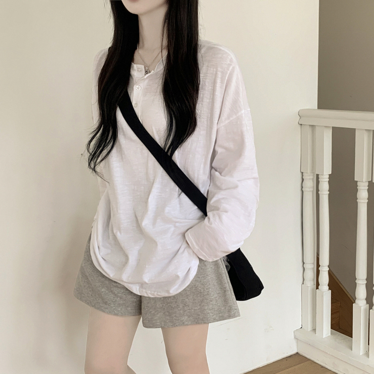 슬라브 헨리넥 시스루 라운드 버튼 단추티셔츠 빅사이즈 여름긴팔티 장마룩 햇빛차단 살안타템 아이보리