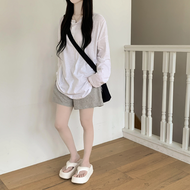 슬라브 헨리넥 시스루 라운드 버튼 단추티셔츠 빅사이즈 여름긴팔티 장마룩 햇빛차단 살안타템 아이보리