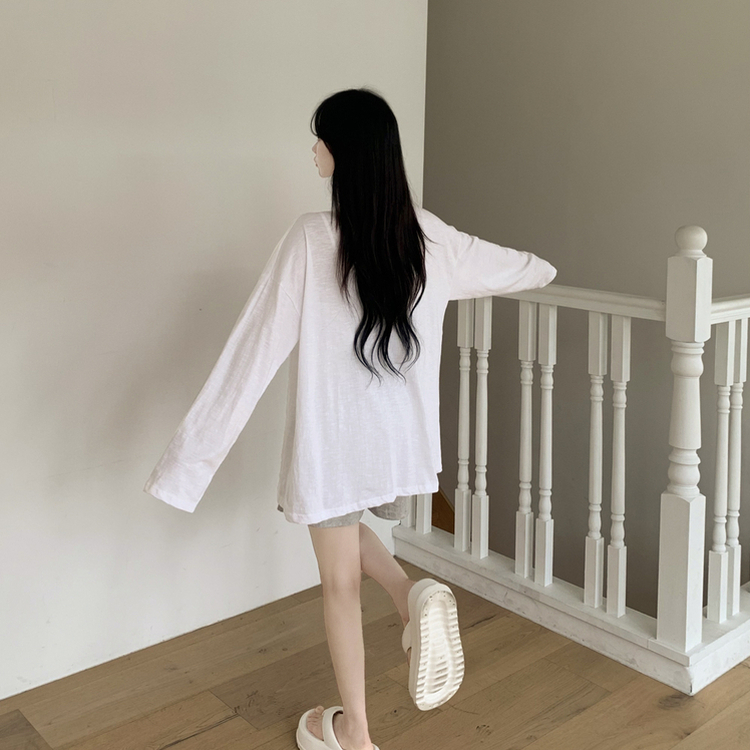 슬라브 헨리넥 시스루 라운드 버튼 단추티셔츠 빅사이즈 여름긴팔티 장마룩 햇빛차단 살안타템 아이보리