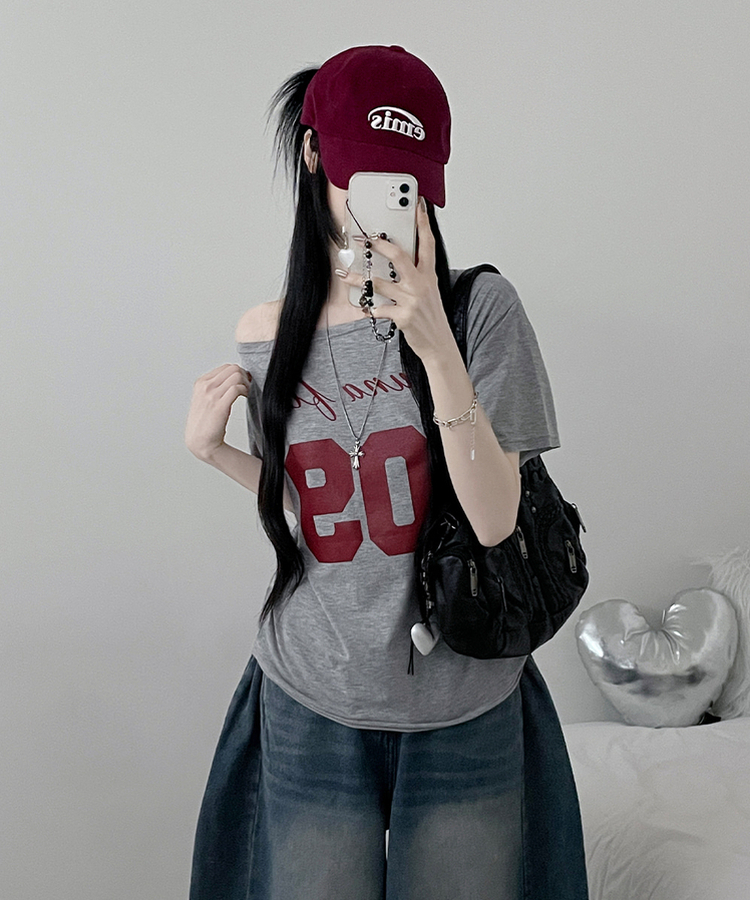 09레터링보트넥원오프숄더여리핏반팔티 메란지