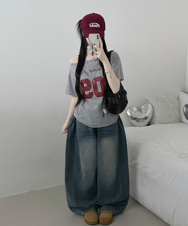 09레터링보트넥원오프숄더여리핏반팔티 메란지