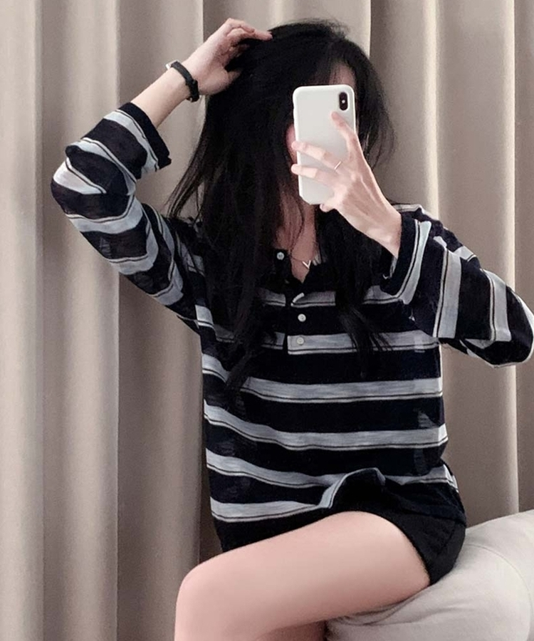ヘンリーネックサマーストライプニット NAVY