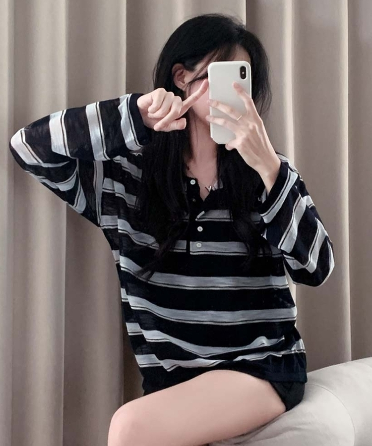 ヘンリーネックサマーストライプニット NAVY