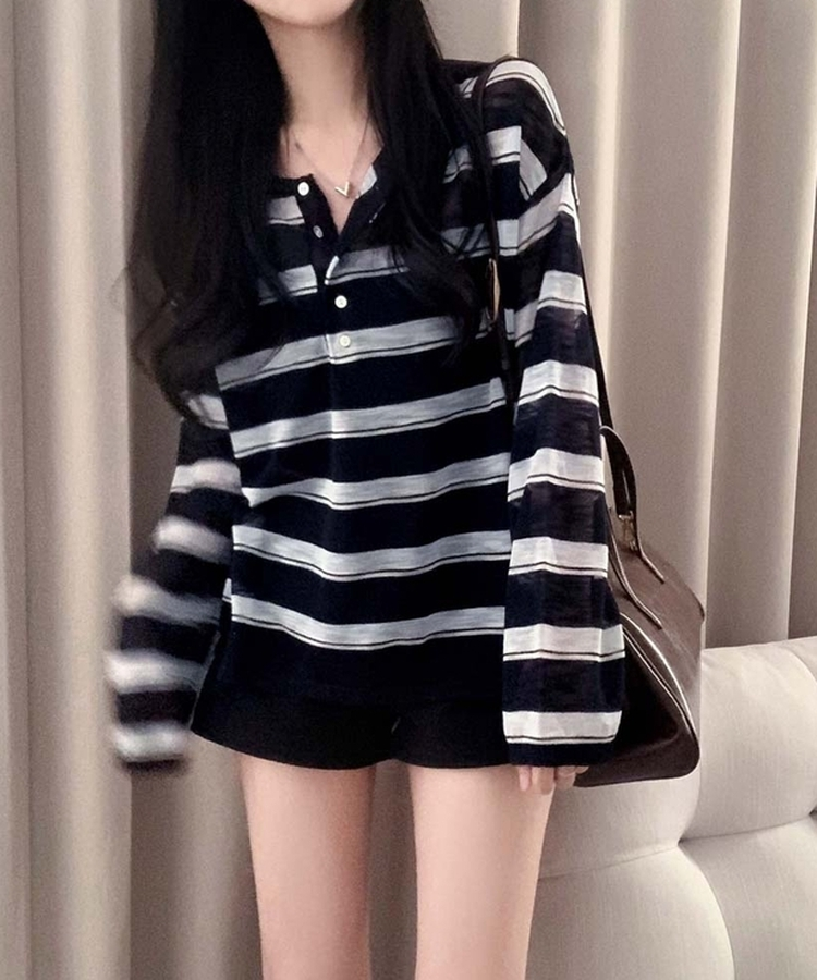 ヘンリーネックサマーストライプニット NAVY