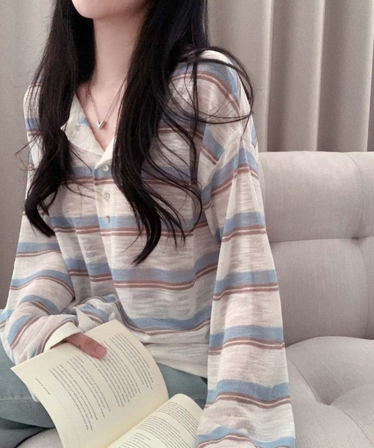 ヘンリーネックサマーストライプニット IVORY