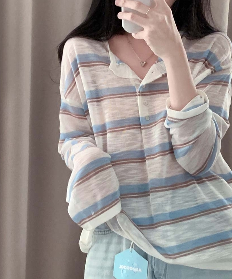 ヘンリーネックサマーストライプニット IVORY