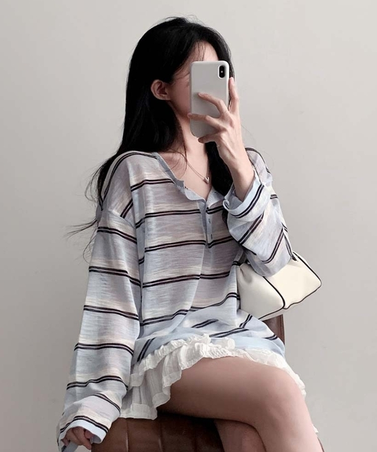 ヘンリーネックサマーストライプニット SKY BLUE