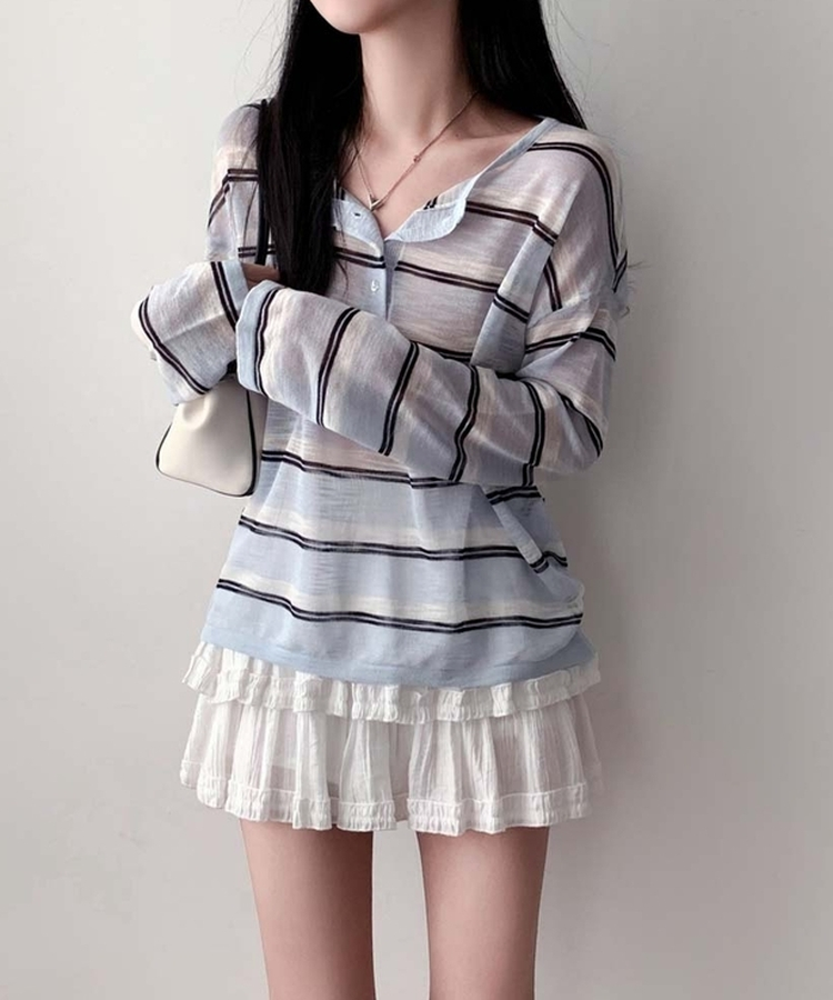 ヘンリーネックサマーストライプニット SKY BLUE