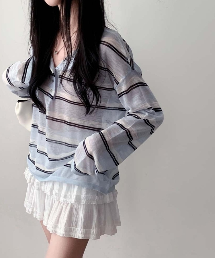 ヘンリーネックサマーストライプニット SKY BLUE