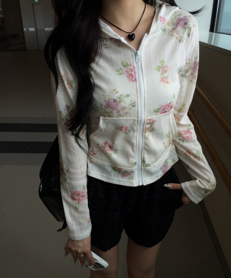花柄シースルージップアップパーカー IVORY