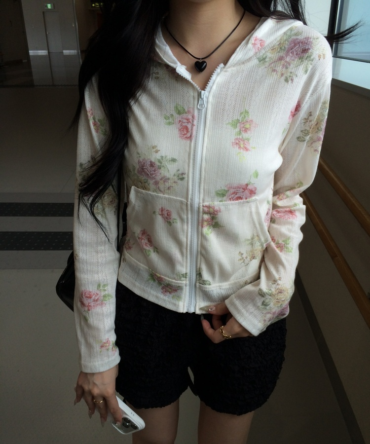 花柄シースルージップアップパーカー IVORY