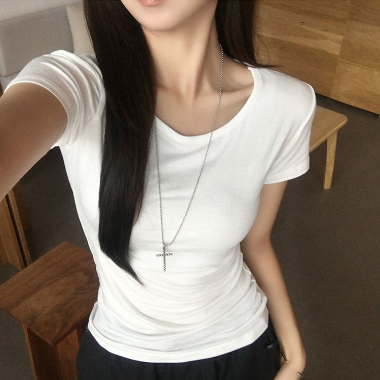쫀득모찌 라운드 슬림핏 여름 반팔 티셔츠 허리잘록 찰랑 데일리 반팔 프리미엄 베이직 세미 크롭 상의 11color 아이보리